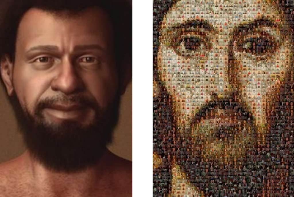 A comparison of a historically, genetically accurate Jesus and of a white Jesus composed of smaller pictures of people.