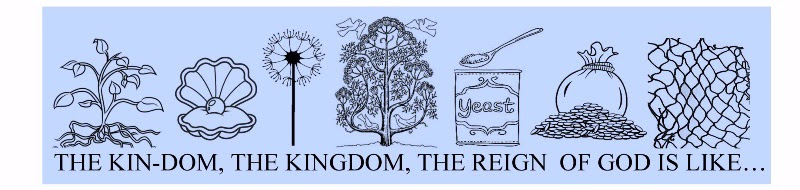 Images from left to right: a sprouting plant, a pearl in a clamshell, a dandelion, a tree flanked by doves, yeast, a bag of money, and a fishing net. Text reads: "The kin-dom, the Kingdom, the reign of God is like..."